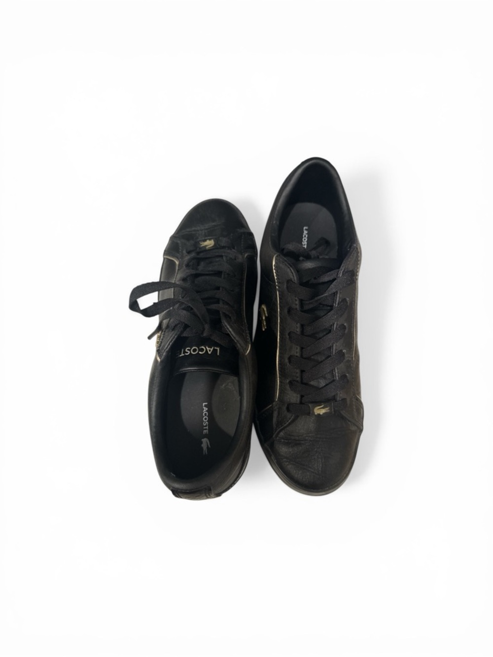 Lacoste Men's Black Low-Top Leather Sneakers with Gold Accents